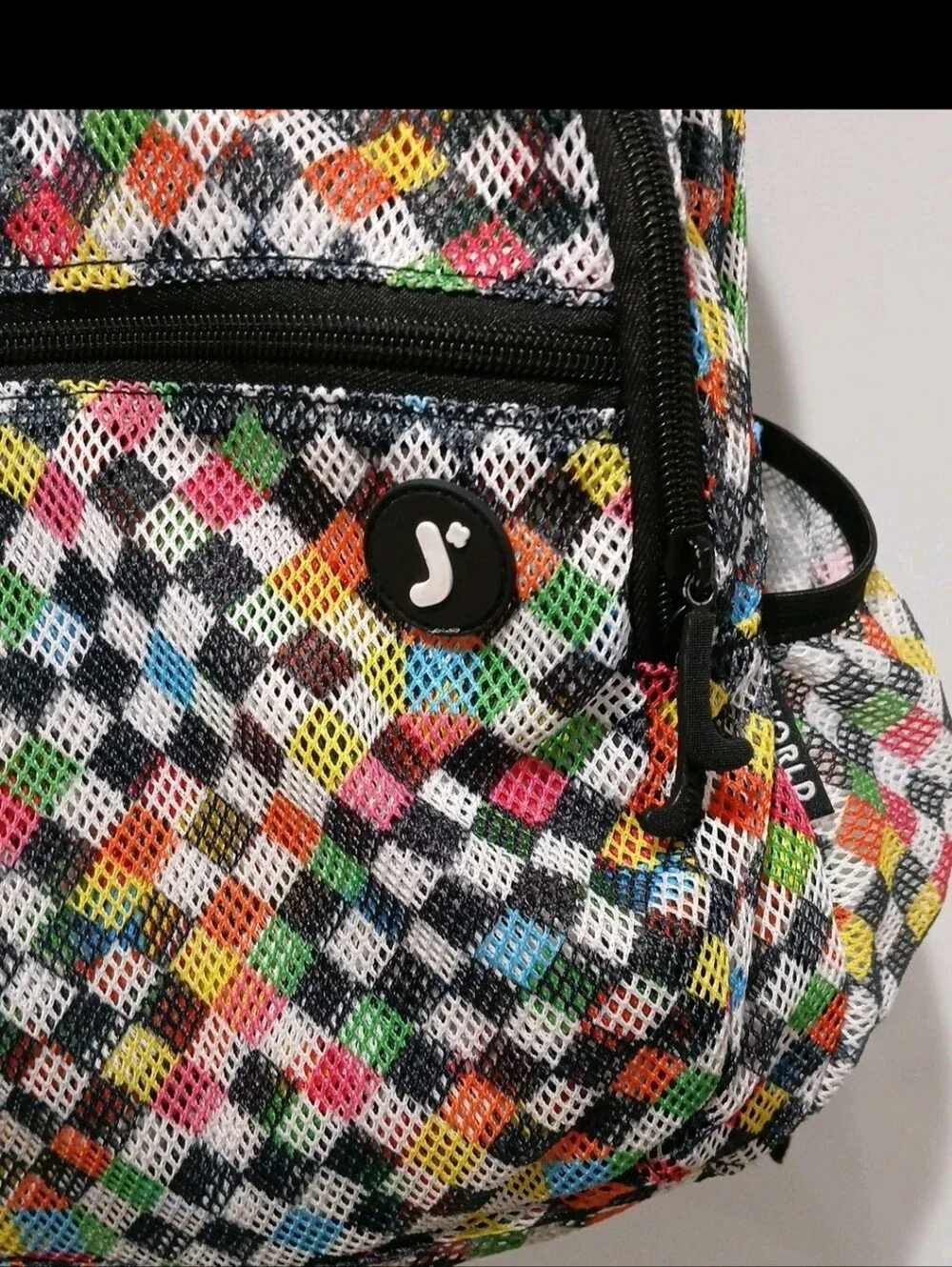 J WORLD Multi-Color Mesh Backpack Checker Geometric Print Bookbag Gym School